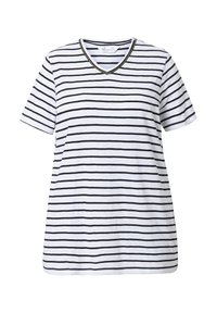 Hvid kortærmet T-shirt med sorte lodrette striber og en V-halskant med sort og guld. Blødt bomuldsmateriale, afslappet pasform.