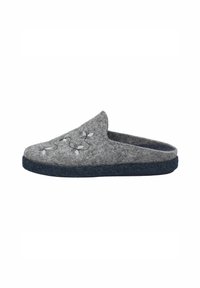 Chausson gris en feutre avec un dos ouvert, semelle en caoutchouc bleu marine et motif floral en broderie blanche et verte.