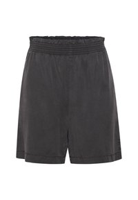 Black shorts made of lightweight material with an elastic waistband, featuring a loose fit and straight cut, no additional pockets or detailing.