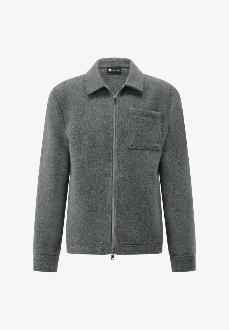Graue Fleecejacke mit Reißverschluss, Brusttasche, Hemdkragen und langen Ärmeln, hergestellt aus weichem, strukturiertem Stoff.