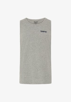 Gray sleeveless t-shirt made of soft fabric. Features a round neckline and a small navy logo on the upper left side. Standard fit.