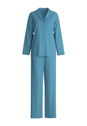 Blauwe lange mouwen knop-up pyjama top met bijpassende losse broek, weergegeven op een witte achtergrond.