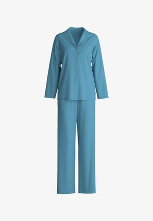 Blauwe lange mouwen knop-up pyjama top met bijpassende losse broek, weergegeven op een witte achtergrond.
