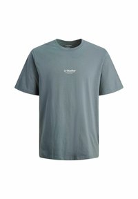 Graues Baumwoll-T-Shirt mit Rundhalsausschnitt, kurzen Ärmeln und kleinem, bedrucktem „JJ Studios“-Logo auf der Vorderseite. Glatte Textur, lockere Passform.