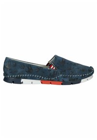 Blauwe instappers met een zwaluwpatroon, contrasterende witte, rode en marineblauwe zool, gestikte details en elastische zijpanelen voor een goede pasvorm.
