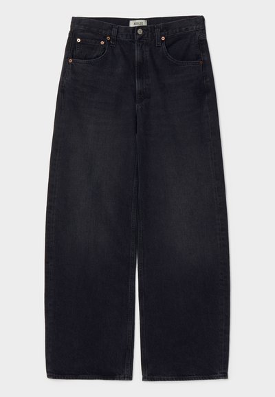 Wide-leg black denim jeans with copper buttons, two front pockets, and a smooth texture. Clean design with a straight cut.