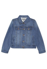 Džínová bunda ve světle modré barvě, s límcem, předním zapínáním na knoflíky, dvěma náprsními kapsami s knoflíky a dlouhými rukávy.