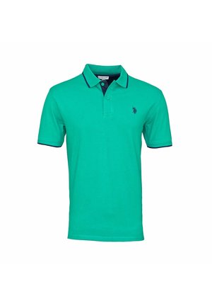 Polo en coton bleu sarcelle avec un col bleu marine, doté d'une patte à trois boutons et d'un logo brodé sur la poitrine gauche.