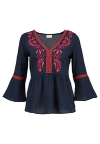 Blusa blu navy con scollatura a V, disegni floreali ricamati in rosa e rosso, maniche a campana e vita arricciata. Tessuto morbido e leggero.