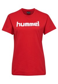 Röd bomullströja med en stor vit "hummel"-logo på framsidan. Korta ärmar och rundad halsringning. Slät yta.