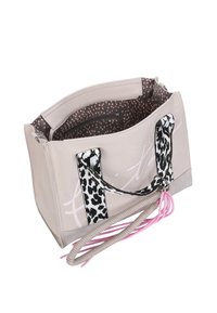 Beige canvas bag with leopard-patterned straps, pink accents, and a polka-dotted interior. Features a zippered pocket. Rectangular shape.