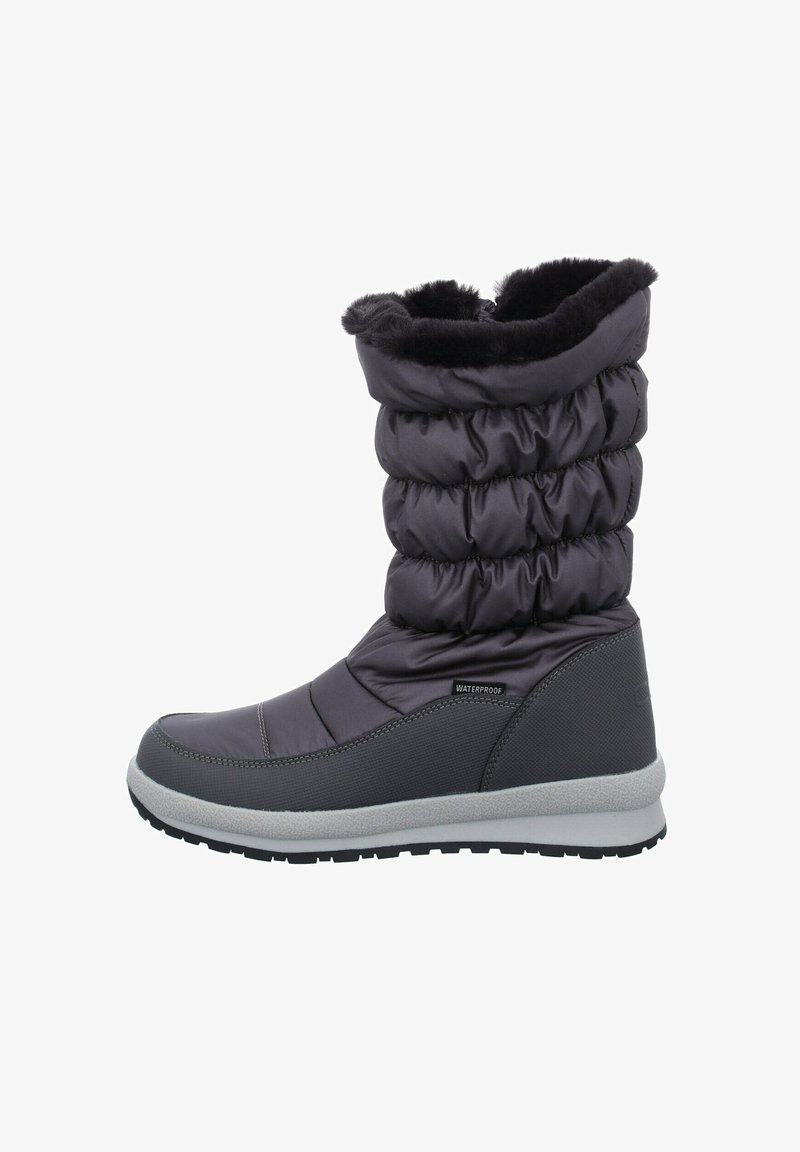 Wasserdichter schwarzer Stiefel mit gesteppter Verarbeitung, gepolstertem Schaft und grauer Gummisohle. Mit einer Fütterung aus Fell am oberen Rand und einem strukturierten Seitenpaneel.