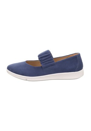 Blaue Wildlederschuhe mit runder Zehenform, elastischem Riemen über dem Spann und weißer Gummisohle. Glatte Textur und minimalistisches Design.