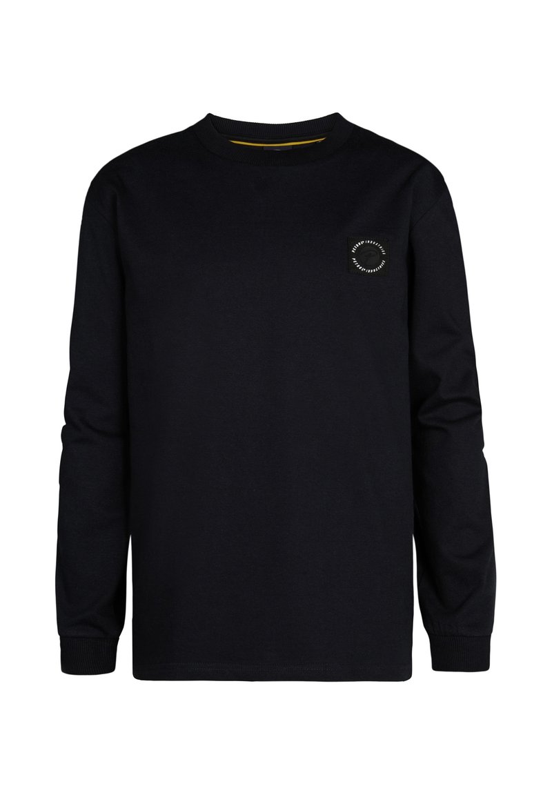 Zwarte lange mouwen t-shirt van katoen, met een ronde hals en een klein rond logo op het linkse borstzakgebied.