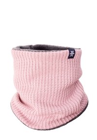 Knitted cowl in soft pink with a ribbed texture, featuring a gray fleece lining and a small navy logo tag. Shaped for warmth and comfort.