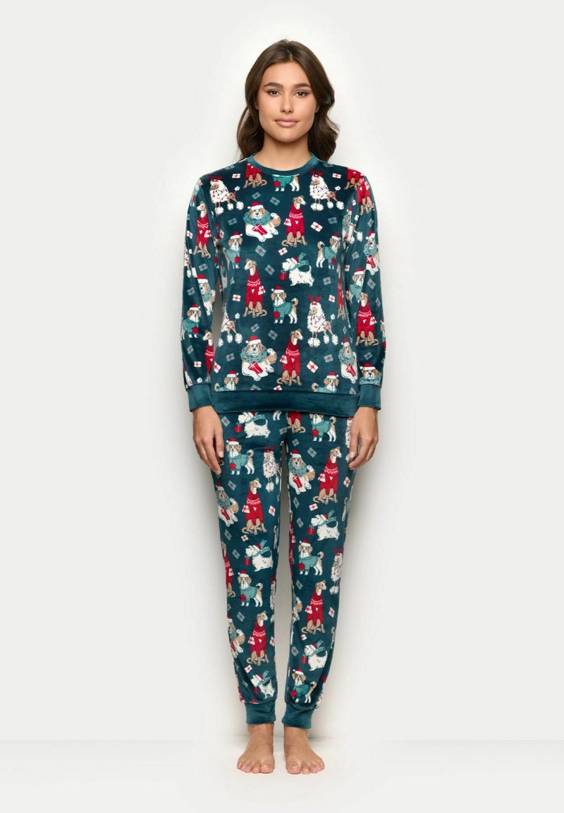 Dvoukusová pyžamová souprava v teal barvě. Obsahuje hravé zimní ilustrace psů v slavnostním oblečení. Dlouhé rukávy a elastické manžety.