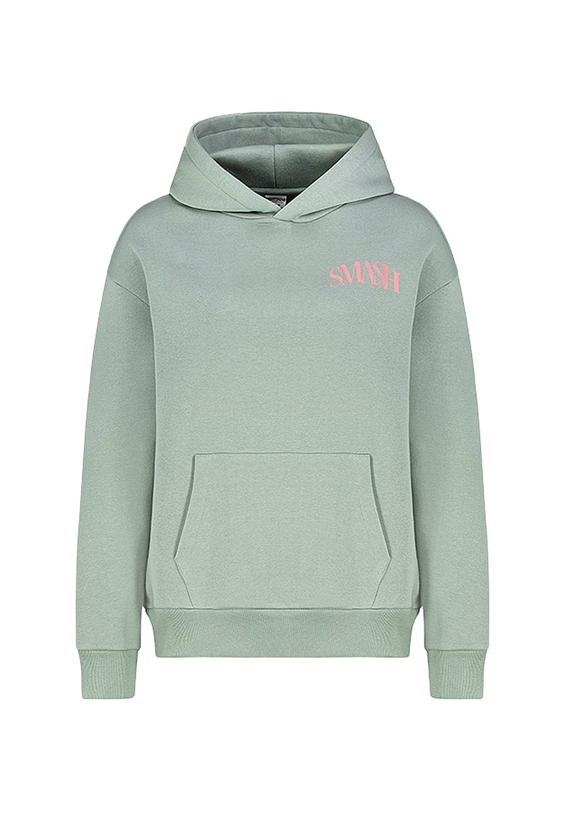 Hellgrüner Hoodie aus weichem Stoff, mit einer Kängurutasche, gerippten Bündchen und einem pinken "SMASH"-Logo auf der oberen linken Seite.