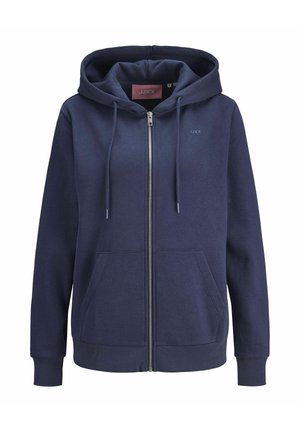 Marinblå zip-up hoodie i mjukt, strukturerat tyg med dragkedja, huva med dragsko, fickor fram och ribbade ärmslut. Har logotyp på bröstet.