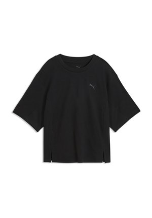 Camiseta negra de manga corta Puma con cuello redondo, corte holgado, discretos cortes laterales y pequeño logotipo de Puma en el pecho izquierdo.