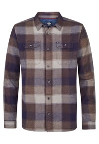 Camicia a maniche lunghe a quadri in tonalità di viola, marrone e beige; presenta due tasche sul petto, chiusura a bottoni e colletto. Tessuto testurizzato.