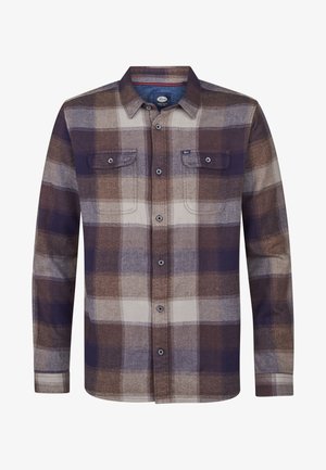 Long-sleeve plaid shirt in shades of purple, brown, and beige; features two chest pockets, button closure, and a collar. Textured fabric.