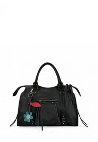 Sac à main en cuir noir texturé avec double poignée, poche avant zippée, ornements décoratifs en forme de fleur et étiquette rouge. Éléments métalliques dorés.