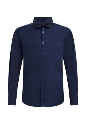 Navy blue long-sleeve dress shirt with button-down front and matching bow tie on a white background.