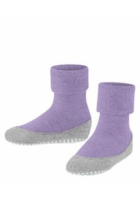 Calze lavorate a maglia viola con risvolto e base grigia antiscivolo, caratterizzate da punta arrotondata e tessuto strutturato per maggiore comfort.