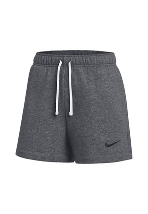 Shorts de sport gris foncé avec des cordons blancs et un logo Nike swoosh noir sur la partie inférieure de la jambe gauche.