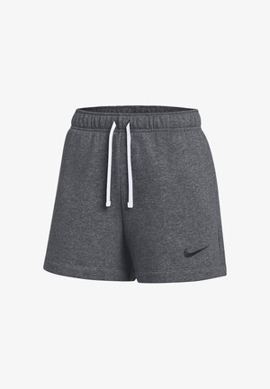 Ciemnoszare spodenki sportowe z białymi sznurkami i czarnym logo Nike Swoosh na dolnej lewej nodze.