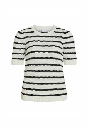 Valge lühikeste varrukatega sviiter, millel on mustad horisontaalsed triibud, tekstureeritud kudumismuster ning soonikkoes äärised ja varrukad.