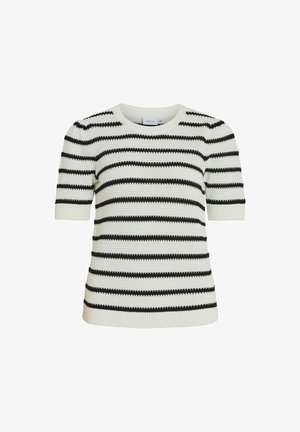 Valge lühikeste varrukatega sviiter, millel on mustad horisontaalsed triibud, tekstureeritud kudumismuster ning soonikkoes äärised ja varrukad.