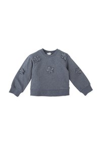 Sudadera gris oscuro con aplicaciones florales en la parte delantera, cuello redondo y puños y dobladillo de canalé. Material suave de mezcla de algodón.