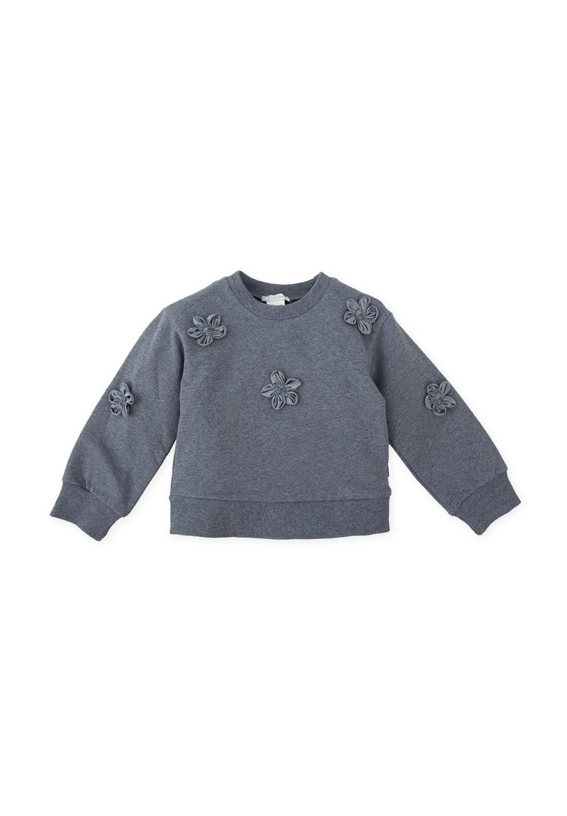 Sudadera gris oscuro con aplicaciones florales en la parte delantera, cuello redondo y puños y dobladillo de canalé. Material suave de mezcla de algodón.