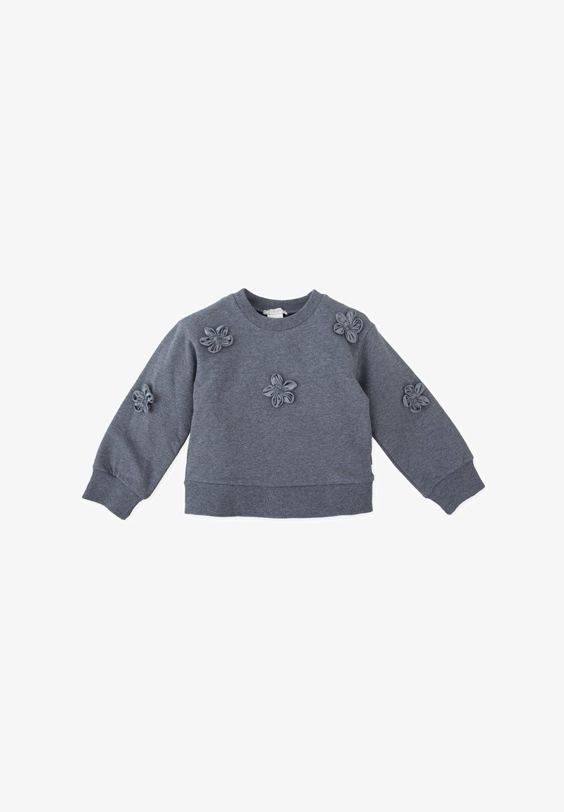 Sudadera gris oscuro con aplicaciones florales en la parte delantera, cuello redondo y puños y dobladillo de canalé. Material suave de mezcla de algodón.