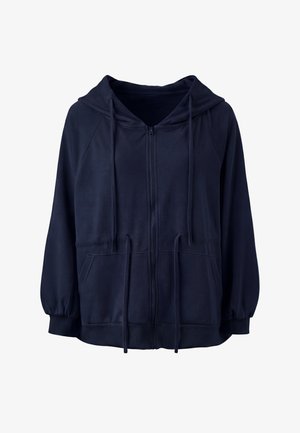 Marineblauwe zip-up hoodie met voorzakken, verstelbare koordjes aan de capuchon en taille, en elastische boorden aan de lange mouwen.