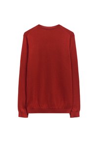 Rode longsleeve trui met een ronde hals, ribgebreide manchetten en zoom. Gemaakt van een zacht materiaal, met een gladde textuur en een aangesloten ontwerp.