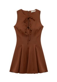 Brąsowa sukienka bez rękawów z detalem w postaci wiązania z przodu, dopasowanym gorsetem, rozkloszowanym dołem oraz zamkiem błyskawicznym z tyłu. Gładka faktura materiału.