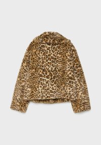 Leopardenmuster-Faux-Fur-Jacke mit Kragen, kurzem Design, langen Ärmeln und zwei Fronttaschen. Weiche Textur mit gepunktetem Muster.