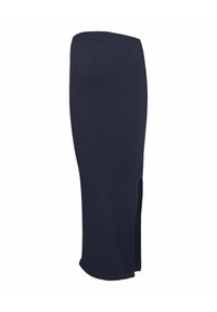 Jupe côtelée en maille marine avec une fente sur le côté, silhouette ajustée et taille élastique. Texture douce, adaptée pour un port décontracté ou pour le superposition.