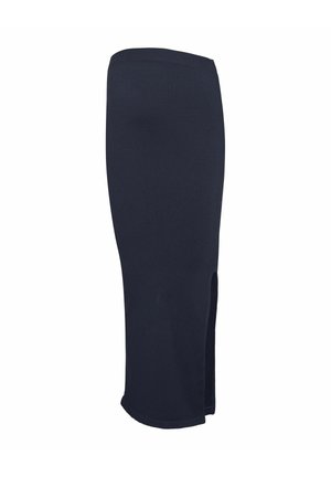 Jupe côtelée en maille marine avec une fente sur le côté, silhouette ajustée et taille élastique. Texture douce, adaptée pour un port décontracté ou pour le superposition.