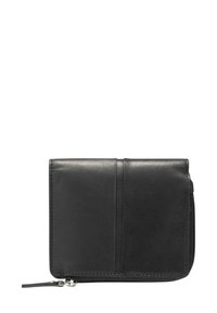 Black leather wallet with a smooth texture, vertical seam detailing, and a zippered closure. Compact rectangular shape with minimal hardware.
