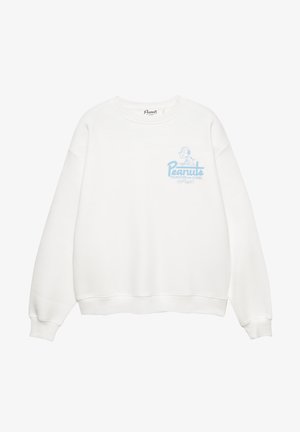 Sweat-shirt blanc à col rond, épaules tombantes et poignets côtelés. Présente un graphisme de dessin animé bleu clair et un texte sur le devant.