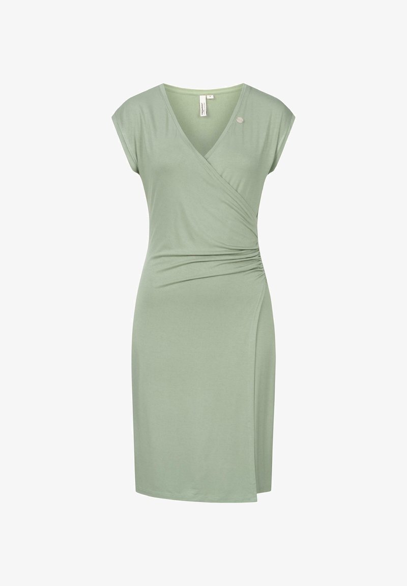 Zielona sukienka w stylu wrap z krótkimi rękawami, z marszczonymi detalami po bokach i gładką fakturą. Materiał jest miękki i elastyczny, co sprawia, że jest idealna do noszenia.