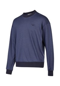 Navy blue sweatshirt with long sleeves, ribbed cuffs and hem, textured fabric, and a small black logo on the chest.