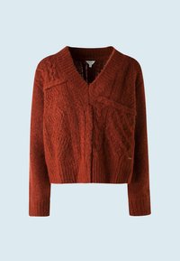 Rostfarbener, gestrickter Cardigan mit V-Ausschnitt, gerippten Bündchen und einer frontalen Tasche. Besitzt eine kunstvolle Kabelstricktextur.