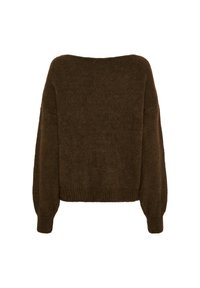 Brun stickad tröja med avslappnad passform, bred halsringning och långa ärmar. Ribbade mudd och nederkant, mjuk textur med minimal detaljer.