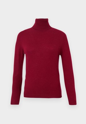Burgundijas krāsas turtlenecks džemperis, kas izgatavots no mīksta adījuma auduma, ar garām piedurknēm un pieguļošu dizainu. Tekstūra izskatās gluda ar ribotu apkakli.