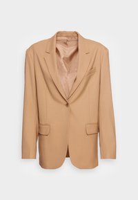 Beige sako na míru s jedním knoflíkem, klopami, dvěma předními kapsami a hladkým vnitřním podšívkou.