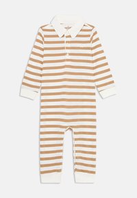 Randig långärmad bodysuit i krämfärg och ljusbrun, med polo krage, knäppning framtill och ribbade manschetter. Mjuk bomullsmaterial.